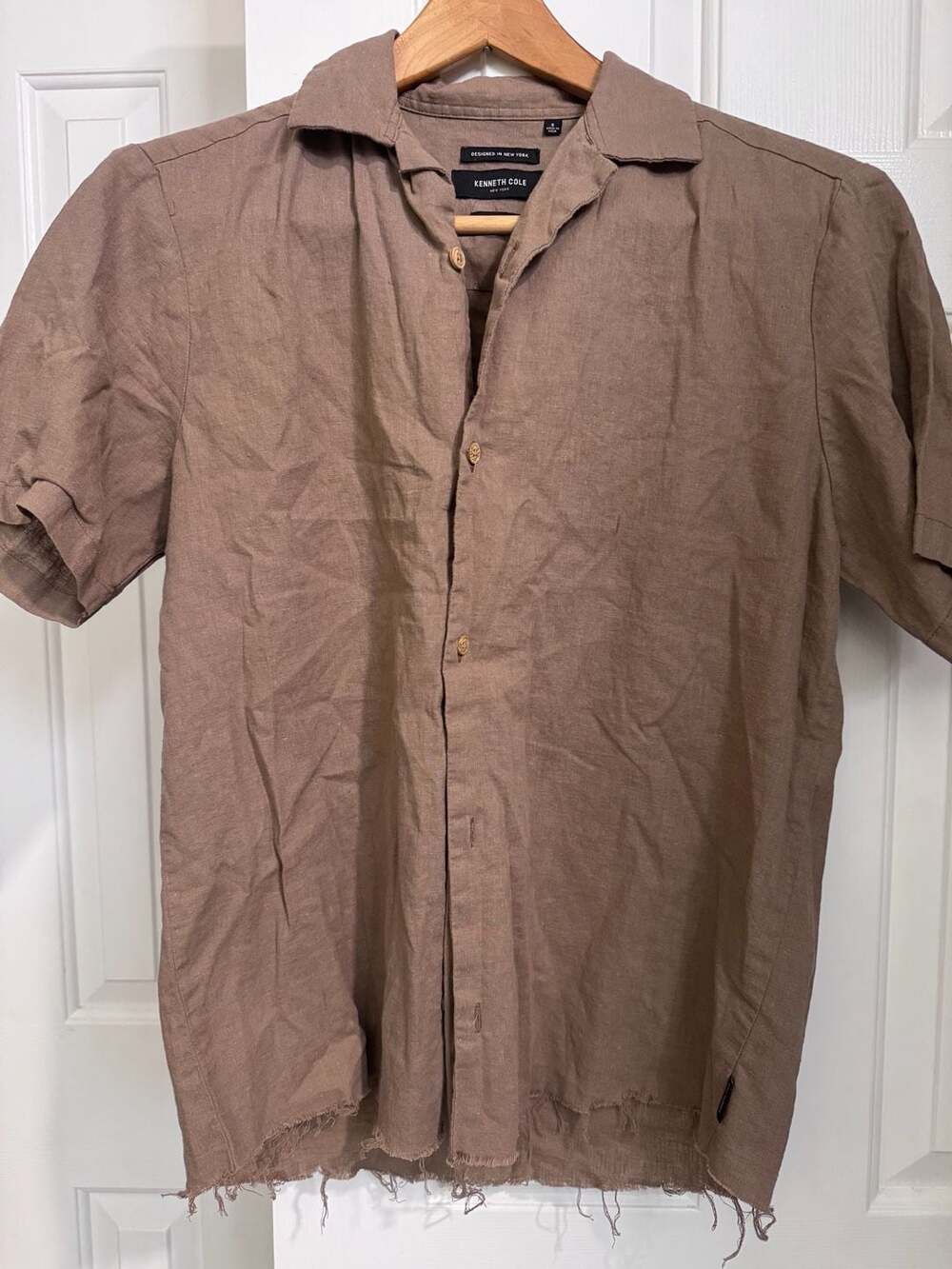 Kenneth Cole New York Slim Fit Short Sleeve Brown Button-Down Shirt Size S